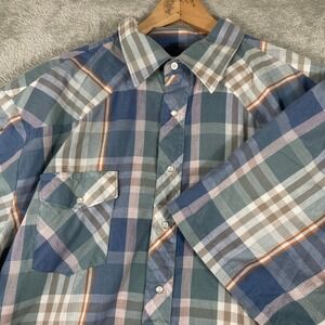 Wrangler Western Shirt Mens 3XLT Tall Blue Green Plaid Pearl Snap Short Sleeve